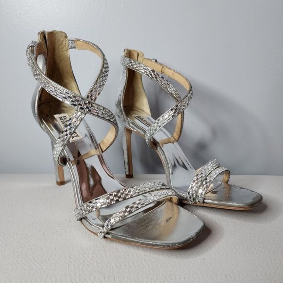 Badgley Mischka ZULEMA Silver Leather Heels Women Size 9.5 Two Tone Distressed - Picture 1 of 7